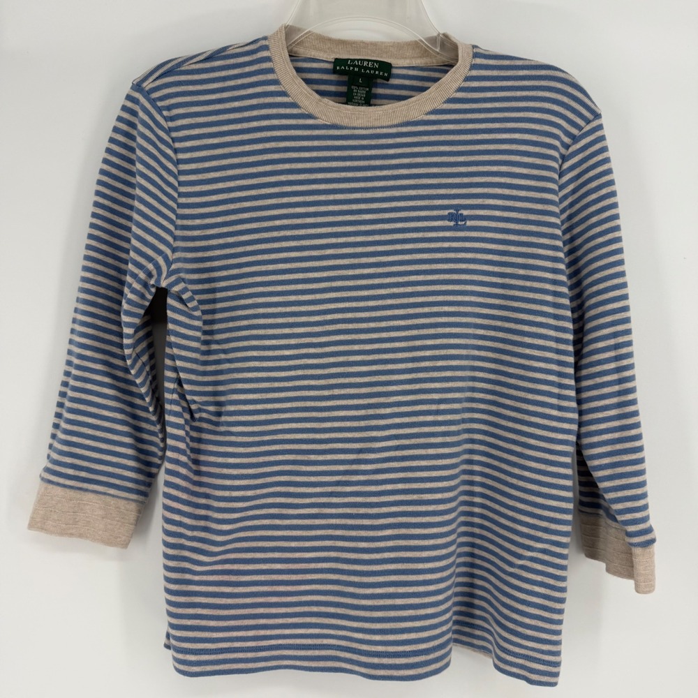 Lauren Ralph Lauren Blue Tan Striped Cotton 3/4 Sleeve Top Large RL Logo